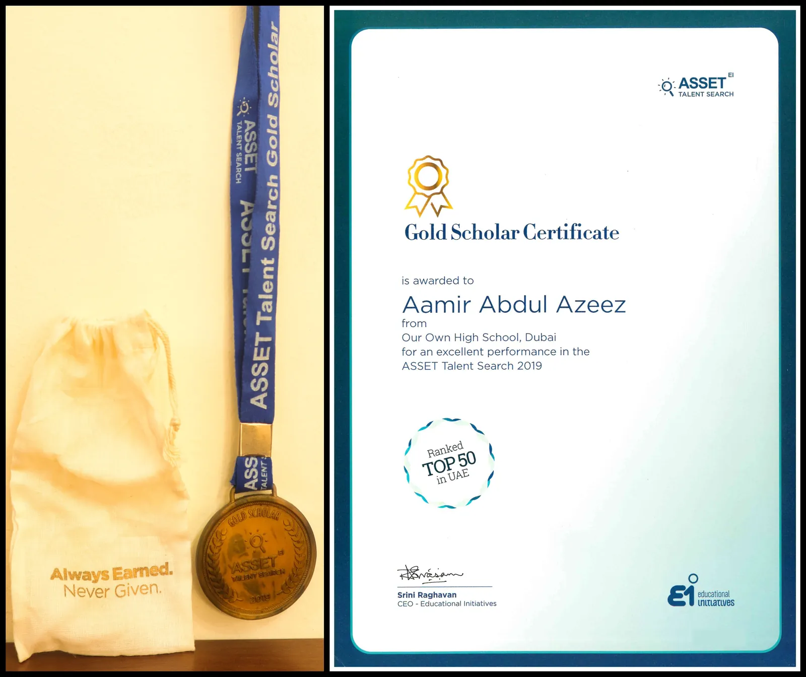ASSET Talent Search Gold Scholar certificate, marked Ranked top 50 in UAE, with the gold medal