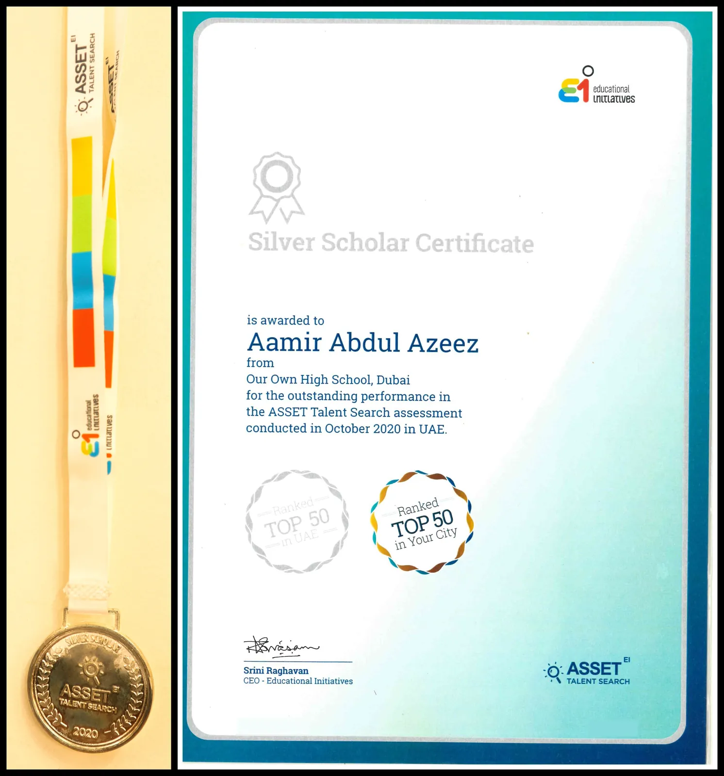 ASSET Talent Search Silver Scholar certificate with the silver medal