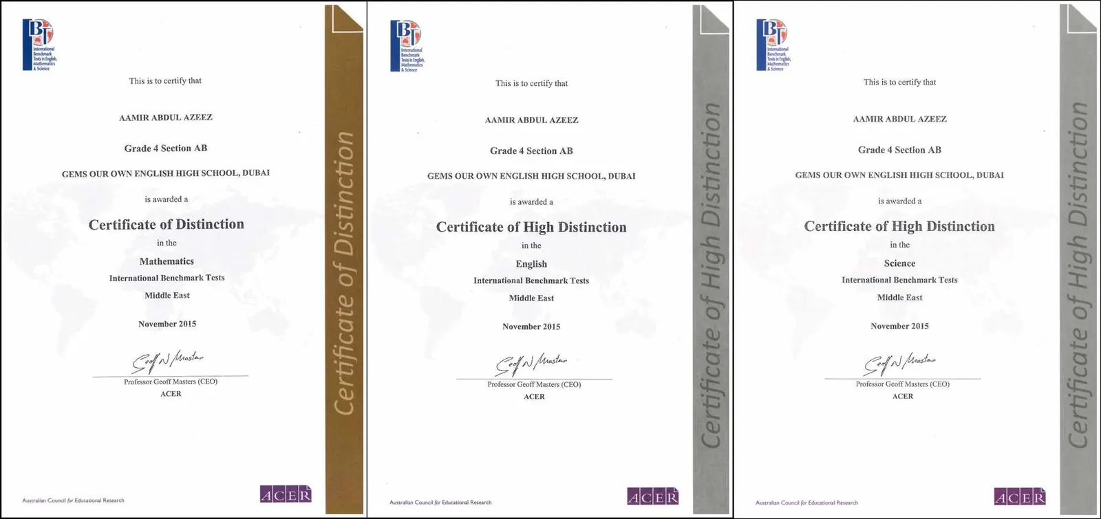 Three International Benchmark Tests certificates