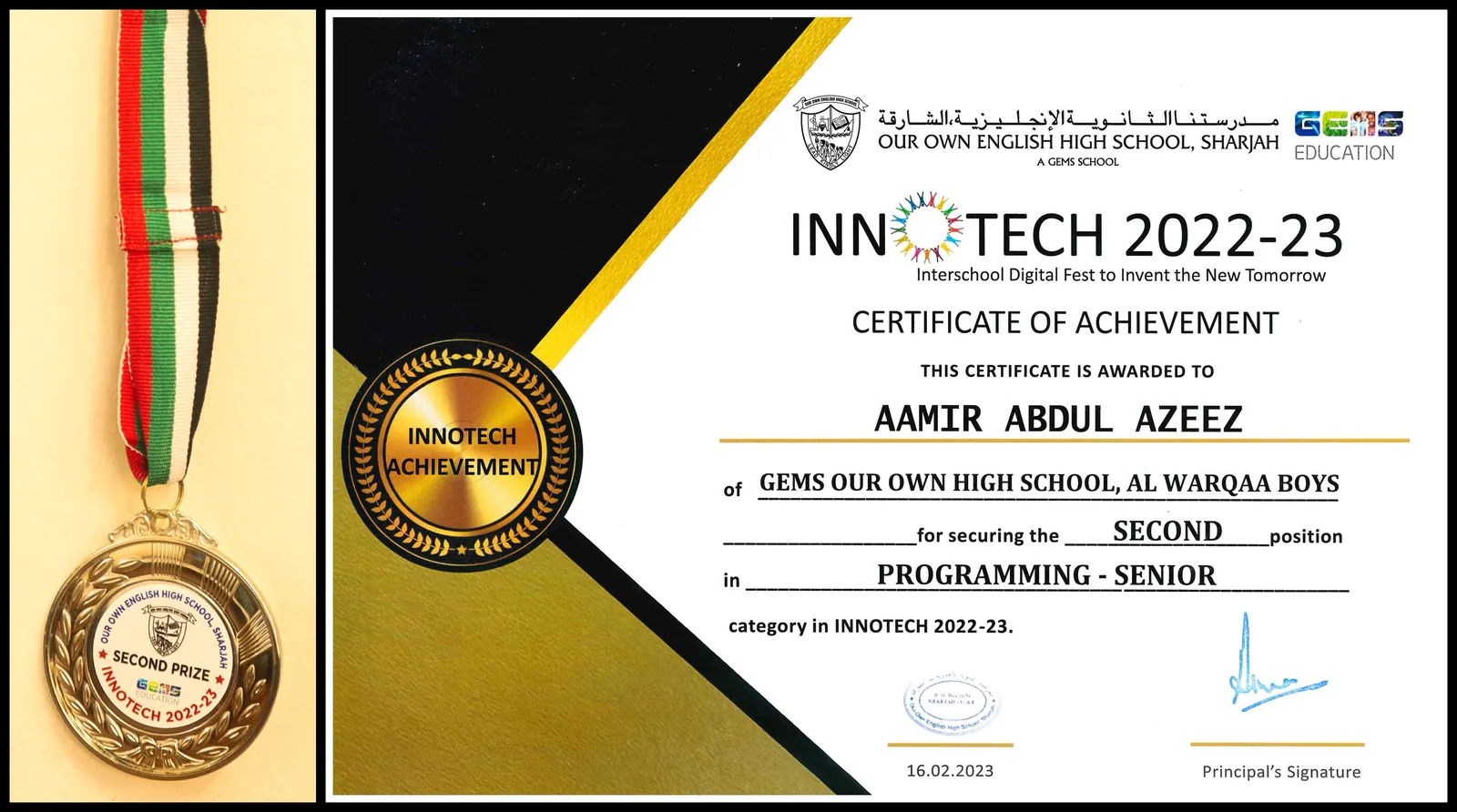 InnoTech 2022-23 certificate for second position in Programming, Senior, with the medal