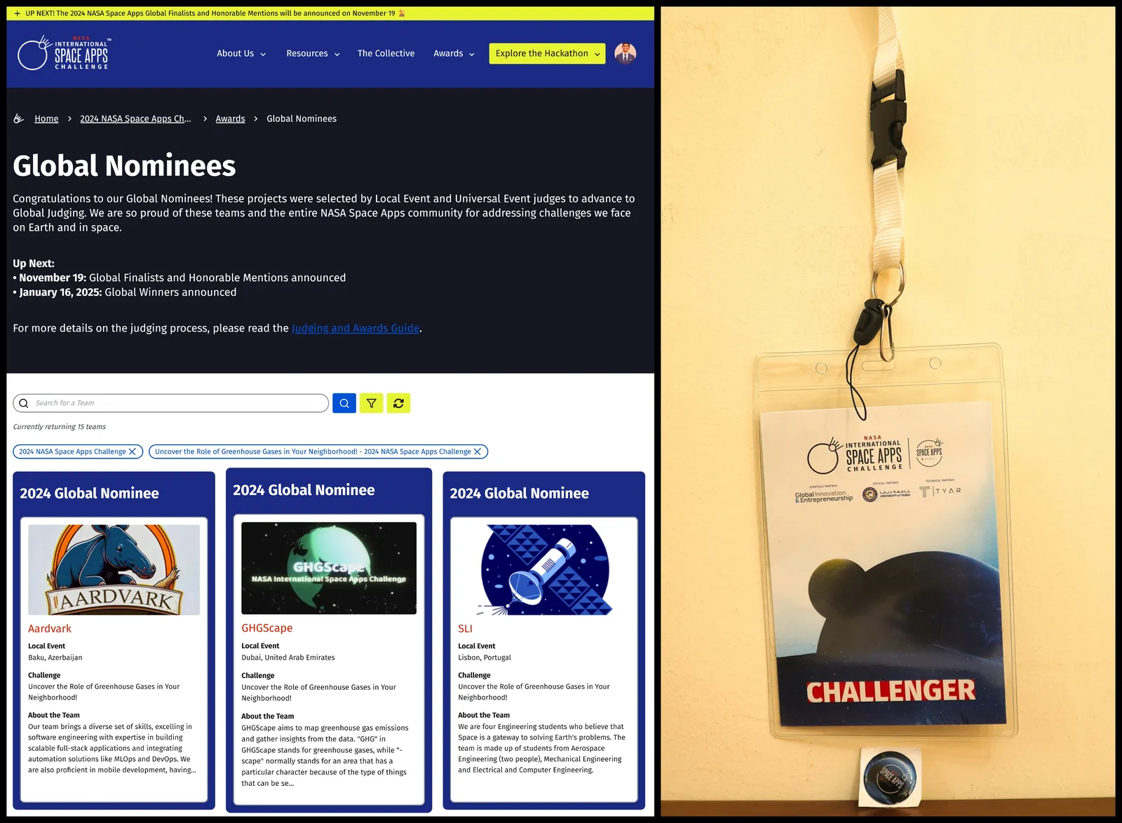 NASA Space Apps Challenge Global Nominees page listing GHGScape, beside my Challenger lanyard