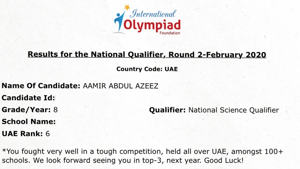 National Science Olympiad qualifier result showing UAE Rank 6