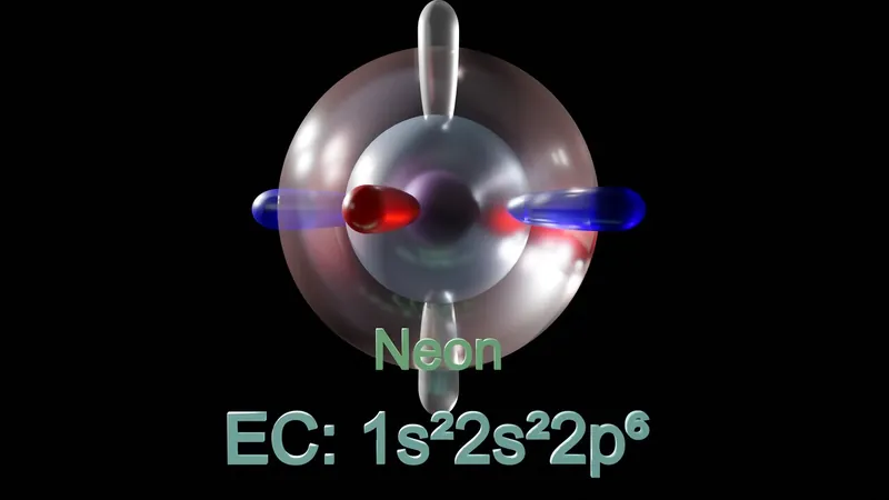 My Blender render of a neon atom: glowing orbital lobes around the nucleus, labelled Neon, EC: 1s² 2s² 2p⁶
