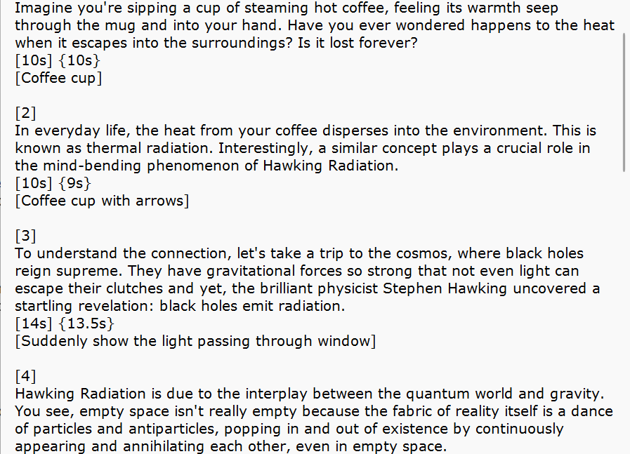 The video's script with its timings squeezed together