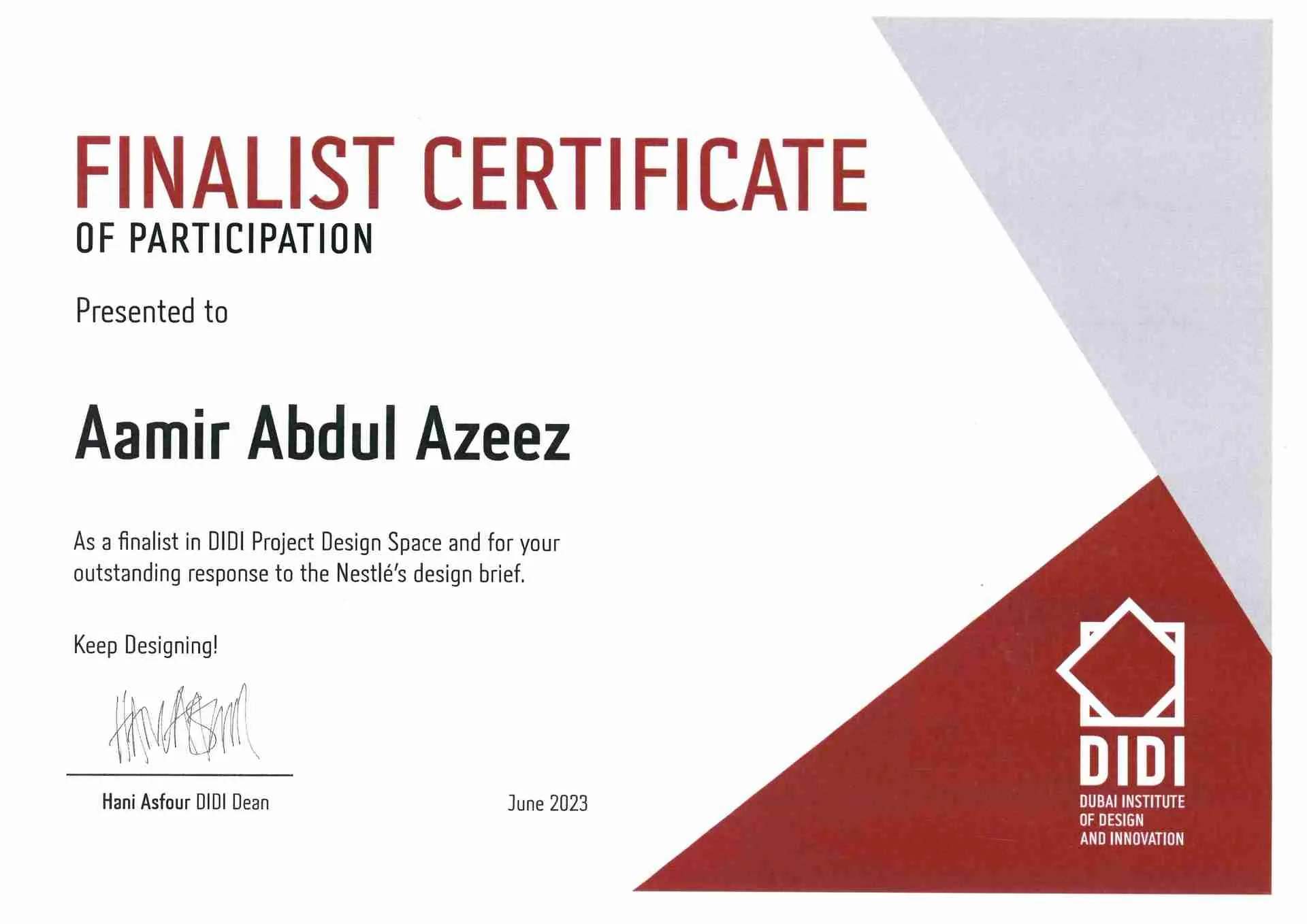Finalist certificate, DIDI × Nestlé Project Design Space 2023