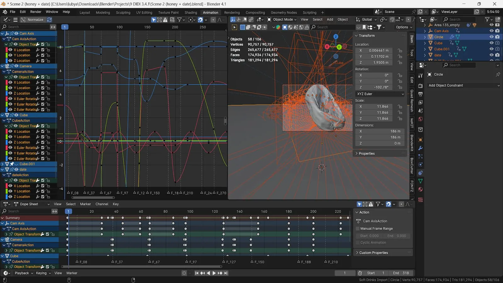 Blender with scene 2 being animated